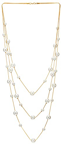 COOLSTEELANDBEYOND Gold Weiß Statement Halskette Drei Stränge Lange Kette mit Synthetische Perle Perlen Anhänger, Abendkleid Elegante