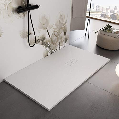 Luminosa ArredoBagno Duschtasse aus Marmorfaser 100 x 150 cm – Anti-Rutsch-Steinoptik mit GELCOAT – Modell Dubai, Farbe Weiß – Gitter und Abflussgarnitur im Lieferumfang enthalten