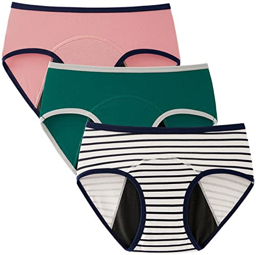 INNERSY Mädchen Perioden Unterwäsche Baumwolle Unterhosen Teenager Menstruation Slip 3er Pack (12 Jahre, Rosa/Weihnachtsgrün/Streifen)