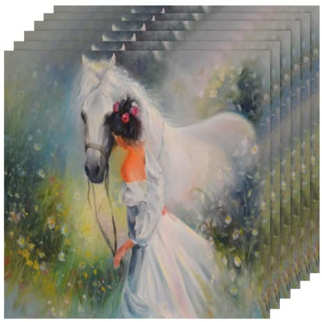 Juego de 6 servilletas de tela de pintura al óleo lavables de poliéster, servilletas de mesa de caballo de niña para almuerzo, fiesta, boda, vacaciones (20 x 20 pulgadas)
