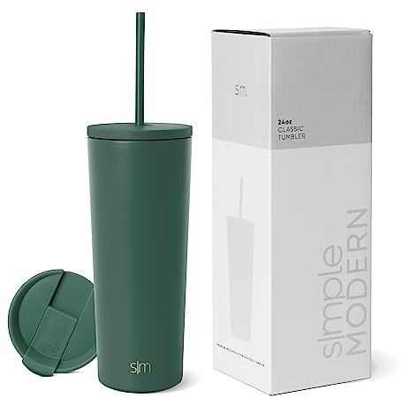 Simple Modern Thermobecher mit Strohhalm und Deckel | Trinkbecher mit Henkel Wiederverwendbare Edelstahl | Geschenke für Frauen und Männer | Classic | 710ml | Forest