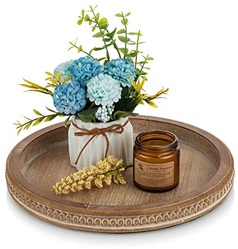 Hanobe Plateau Decoratif Rond Bois: Rustique Service Plat Petit Marron Cafe Plateaux Perles Boho Mini Table Plats Ferme Deco pour Repas Canapé Cuisine, 30cm