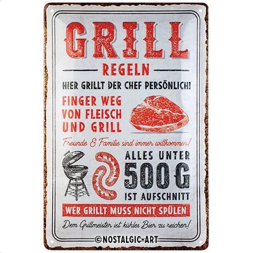 Nostalgic-Art Retro Blechschild, 20 x 30 cm, Grillregeln – Geschenk-Idee für Grill-Fans, aus Metall, Vintage Design mit Spruch, Blechschilder Sprüche