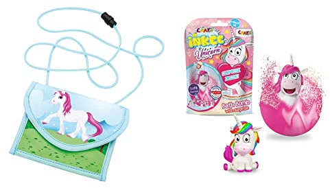 WEDO 2413003 Brustbeutel Einhorn aus Polyester, Sicherheitskordel, 14 x 10,8 x 0,7 cm & CRAZE Spaßbad Einhorn INKEE Magische Duft Badekugel mit Überraschung Unicorn Einhornfigur 18378, bunt