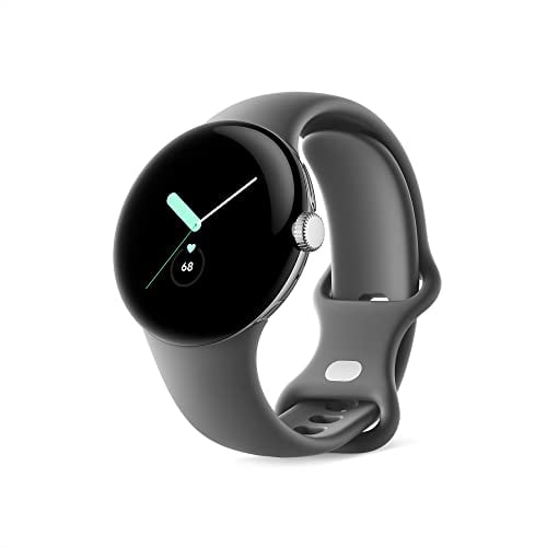 Google Pixel Watch – Montre connectée Android avec suivi et analyse des activités – Boîtier en acier inoxydable Argent Poli avec bracelet sport couleur Charbon, LTE