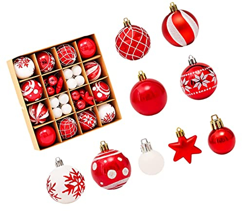 Weihnachtskugeln Rot Weiß, Weinachtskugelset, 44 Stück Weihnachtsbaumkugeln, Exquisit Plastik Weihnachtskugeln, Wetterfeste Weihnachtskugeln, Christmas Tree Decoration WeihnachtsbaumschmuckSet