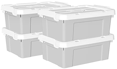 Cetomo 15L*4 Storage Boxes, Carry Plastic Storage Box with Lids, Organizing Container with Handle and Secure Latching Buckles, Stackable, Nestable, Tote Bin for Home Office Clothes, 15L-4Pack, Gray