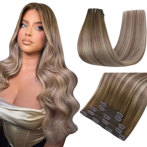 Easyouth Clip in Extensions Echthaar Balayage Clip in Haarverlangerung Remy Clip in Extensions Echthaar Dunkelbraun Mix Aschbraun und Mittelblond 45 cm 70g 5Pcs 3/8/22