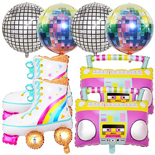 Folienballon Disco, Regenbogen Rollschuh Luftballons, Folienballon Radio, Disco Party Deko Ballons, 80er 90er Jahre Retro Party Deko für Disco Hip Hop Mottoparty Geburtstags Karneval