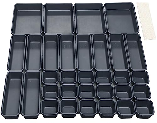 Organizer per Cassetti Cucina Bagno Divisori Cassetti 32 Pcs Organizzatore per Organizzazione Scrivania Contenitori per Trucchi in Plastica con 40 Cuscinetti in Silicone Antiscivolo (Nero)