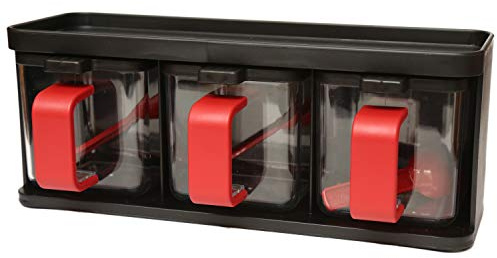 JMS we create smile 3pcs Pickle Set, Storage Box with Rack & Spoons Seasoning Box Set Condiment Jar Set Spice Tins Plastic Storage Container with Station Canister Jars (Black, Spice Jar)
