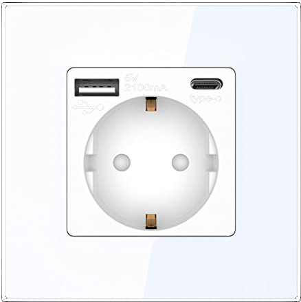 PULSAR Steckdose Unterputz mit USB-C, USB-A 1-Fach Weiß Glas - Schuko-Steckdose mit 20W Schnellladegerät - Einfachsteckdose 16A mit Kindersicherung 86x86mm