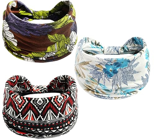 scicent Stirnband Damen 3 Stück Haarband Damen Boho Stirnbänder Blumen Headwraps Vintage Haarband Elastischer Kopftuch für Damen und Mädchen, 13937