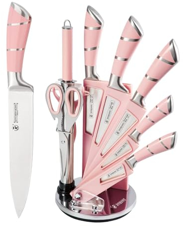 BVI BOOMERVIVI Couteaux de Cuisine, Set de 9 Couteaux de Chef Pointus Professionnels Rose, Ensemble de Porte - Couteaux à Poignée Creuse Rayée, Idéal pour Envoyer Famille et Amis (Rose)