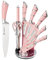 BVI BOOMERVIVI Couteaux de Cuisine, Set de 9 Couteaux de Chef Pointus Professionnels Rose, Ensemble de Porte - Couteaux à Poignée Creuse Rayée, Idéal pour Envoyer Famille et Amis (Rose)
