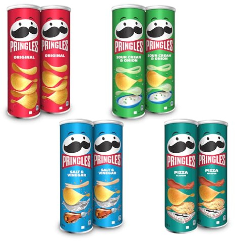Pringles Klassiker Chips Mix (8 x 185 g) – Original, Sour Cream & Onion, Salt & Vinegar, Pizza – der unwiderstehliche Snack-Klassiker in der praktischen Dose – Pop. Play. Eat.