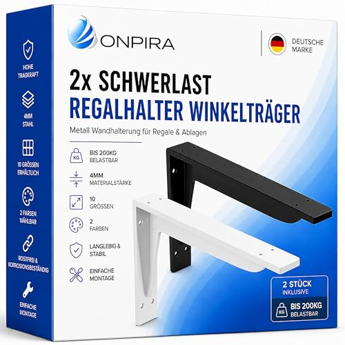 Onpira® 2x Schwerlast Regalhalter Winkelträger Metall 10 Größen & 2 Farben wählbar – 4mm Materialstärke – bis 200kg belastbar – Wandhalterung Regalwinkel Stahlträger Regal Konsole (Schwarz, 190x145mm)