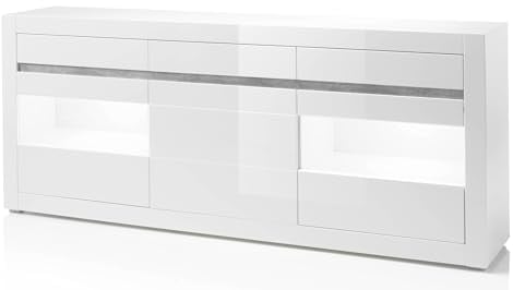 Sideboard Kommode in weiß Hochglanz und grau Stone Design Wohnzimmerschrank Anrichte Vitrine 217 x 90 cm Nobile (Sideboard)