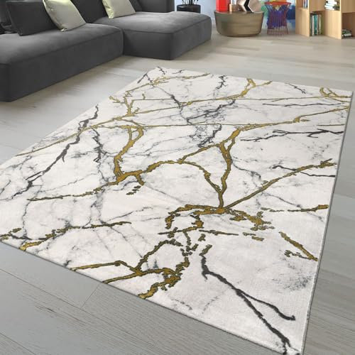 TT Home Wohnzimmer Teppich Kurzflor Wohnzimmerteppich 3D Optik Modern Marmor Design, Farbe:Beige Creme, Größe:80x150 cm