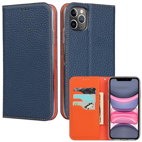 ELTEKER Hülle iPhone 11 Pro Max Handyhülle [Echtes Leder] Klapphülle mit Kartenfach,Schutzhülle Leder Hülle für iPhone 11 Pro Max-Blau