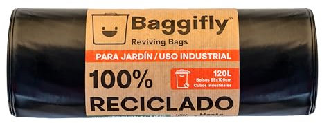 Baggifly, Bolsas de Basura 120L, 10 Bolsas Extra Resistentes, Más de 110kg, 100% reciclades, ECO Friendly, Uso Industrial, Jardín, Obra y Hostelería, Pack 1 x 10, Fabricado en España