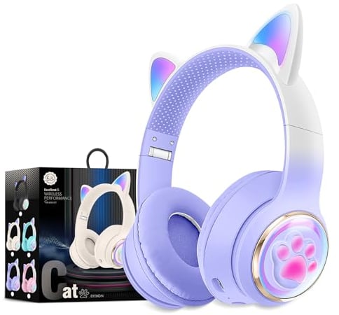 OHAANYY Cuffie Bluetooth per Bambini, Bambine, Cuffie per Orecchie da Gatto, Over-Ear con Luce LED, Cuffie Sereo Pieghevoli, Bluetooth, Cuffie Wireless per Bambini con Microfono, Micro SD/TF (10)