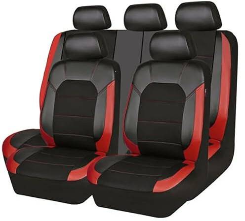 CAALO Auto Leder Sitzschoner Set für Jeep Renegade 2016-2023,Auto Schonbezug Full Set Leder Sitzbezug Vordersitze Rücksitzschoner Auto Zubehör,A/Black-RED