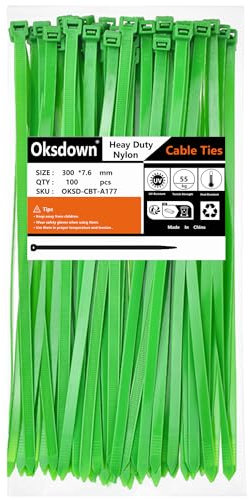 Oksdown 100 Pack Thick Green Plastic Cable Ties 300mm×7.6mm Heavy Duty Nylon Garden Long Zip Tie Multi Purpose Premium 12 inch/30 cm Tie Wraps