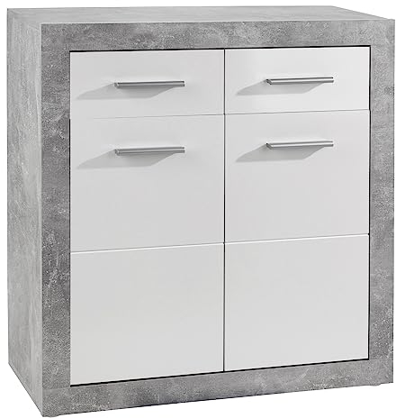 Nicht Zutreffend Kommode mit 2 Türen und 2 Schubladen - Betonoptik - Weiß Hochglanz - 82 cm breit - Sideboard Mehrzweckschrank