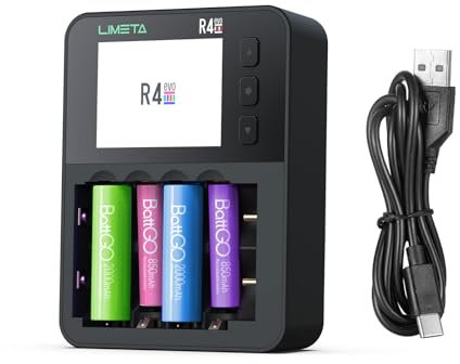 LIMETA R4EVO Intelligentes Batterie-Ladegerät für AA/AAA mit 6 Slots, einem Display und Type-C QC3.0 Ausgang. Es bietet zudem eine zyklische Lade- und Entladefunktion.
