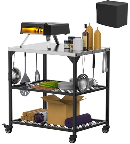 LS'BABQ Pizza Oven Table Cart for Ooni, Ninja Woodfire, Blackstone Grill Stand, Outdoor Grill Cart with Wheels, Stainless Steel Rolling Trolley Kitchen Food Prep and Work Cart Table with Cover