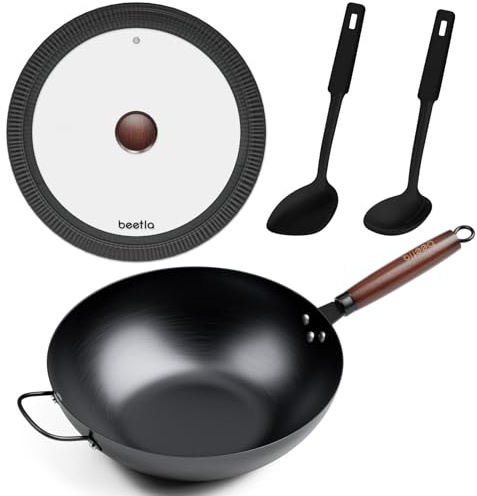 BEETLA Steel Wok Pan, 11.8-inch/12.6-inch/13.4-inch Stir Fry Pans Chinese Wok Flat bottom Iron wok for Induction, Electric, Gas, Halogen All Stoves Ideal for Stovetop Cooking (13.4-inch)
