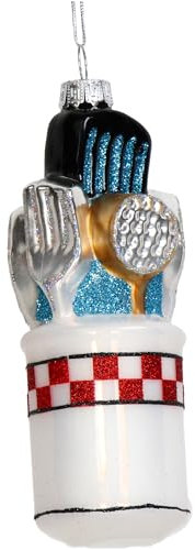 Christbaumschmuck 13cm Glas - Kochbesteck Figur zum Aufhängen - handbemalt & mit Glitzer - Weihnachtsbaum Anhänger für Weihnachten - Christbaumanhänger & Weihnachtsbaumschmuck - Küchengeräte Weiß