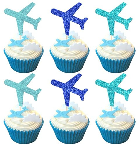 Xsstarmi 24 Pack Airplane Cupcake Toppers Travel Themed Party Cake Decorations Plane Cupcake Picks Decorations for Baby Shower Birthday Airplane Party Decorations