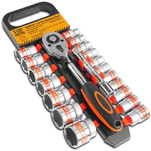 pgroup 20 PCS 1/2 Drive Metric Socket Wrench Set,1/2 Reversible Ratchet Handle，6 Point Shallow Sockets (8-32mm) and Extension Bar 5, CR-V Steel, Car Repair Set