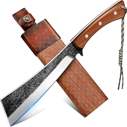 Japanese Style High Carbon Steel Machete with Red Sandalwood Ergonomic Full Tang Handle and Wood-Leather Sheath, for Camping, Hiking, Yard Work, and Survival, for Men Women