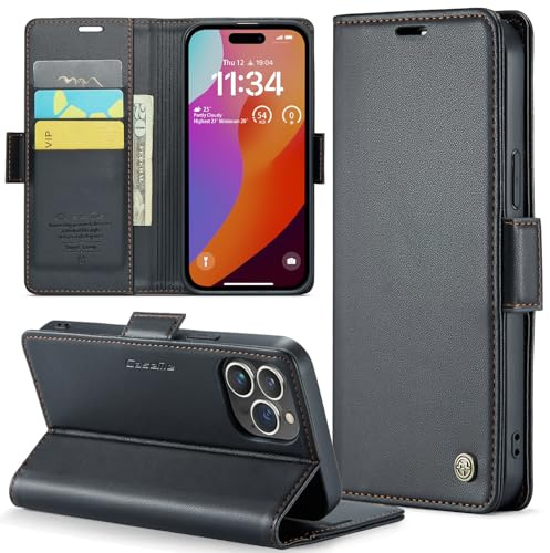 Rerzoiro Handyhülle für iPhone 15 Pro Hülle, Premium PU Lederhülle Klappbar Flip Case [RFID Blocker] Tasche Magnet Kartenfach Klapphülle Schutzhülle für iPhone 15 Pro, Schwarz