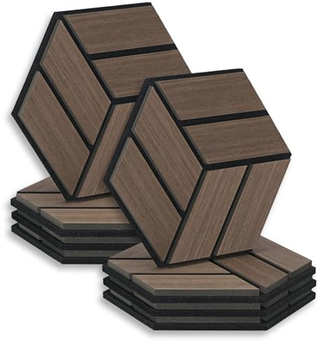 Homestyle4u 8 Stück Hexagon Wandpaneele 30x26x2 cm Braun Schallschutz Akustische Behandlung Schalldämmung Wanddekoration