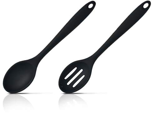 Silicone Spoons for Cooking - ShiningUU 2 Pcs Black Kitchen Spoon and Slotted Spoon | Large Heat-Resistant Nonstick Kitchen Utensils for Cooking, Stirring, Scooping and Mixing