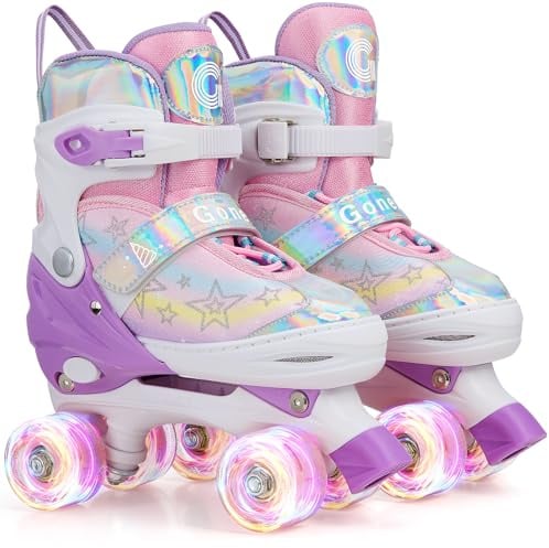 Gonex Verstellbar Rollschuhe, Leuchtenden Rädern Roller Skates für Mädchen Jungen Kinder Erwachsene (M (35-38) EU, Regenbogen)