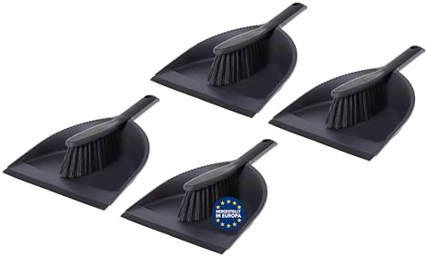 mucHome Kehrschaufel Set in schwarz - Handfeger mit robuste Borsten und Schaufel mit Gummilippe, Kehrblech Kehrset Schaufel Besen Set - Made in Europa (4 Stück)