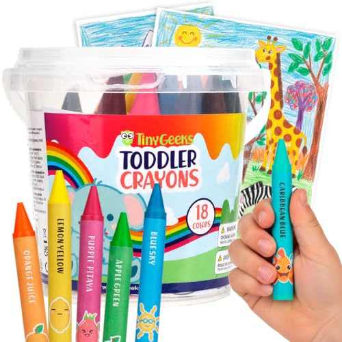 Bucket Crayons 18 Jumbo Wachsmalstifte für Kleinkinder Ungiftig Waschbar | Inklusive gedruckter Malseiten und stabilem Eimer zur einfachen Aufbewahrung