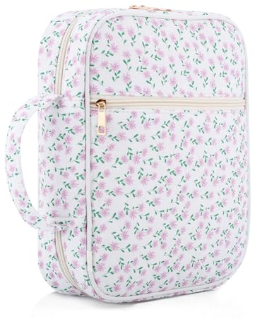Dntorx Housse de bible matelassée pour femme avec poignée, sac bible avec poche à fermeture éclair, étui de bible rose à motif floral pour filles, trousse de fournitures d'étude biblique, grande