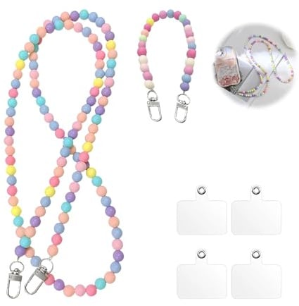 Nairv-Furn Morandi Handykette, 2 Stück, abnehmbare Perlen-Handyschnur mit 4 Patches, Schmuck, Diebstahlschutz, Universal, Länge 120 cm und 20 cm, für Frauen, Mädchen, mehrfarbig
