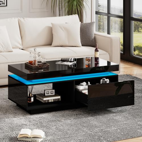 Merax Couchtisch mit LED-Beleuchtung, Hochglanz-Oberfläche, 1 Schublade, 100x50x40 cm, Moderner Sofatisch für Wohnzimmer, Robuster Kaffeetisch, Beistelltisch mit praktischem Stauraum