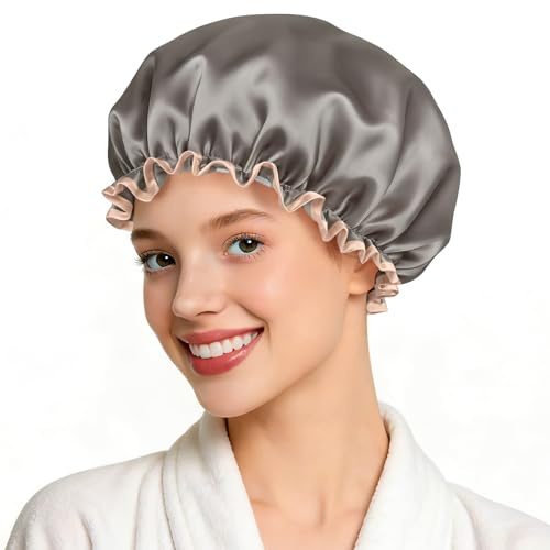 Double Layer Waterproof Shower Cap With Elastic Band, Reusable Bath Cap for Women -Large Waterproof Plastic Shower Hat for Long, Short and Curly Hairs Spa Salon (Silver Gray)