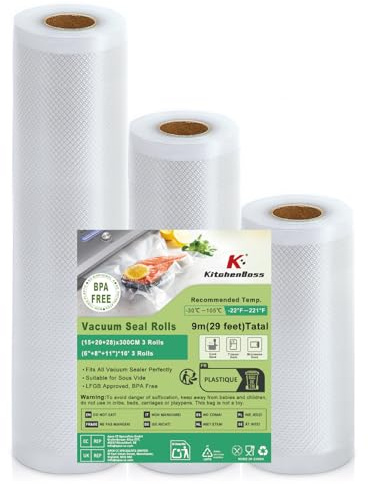 KitchenBoss Vacuum Food Sealer Bags: 3 Packs 15 20 28 x 300cm Sous Vide Bags,BPA Free Vac Seal Rolls for Food Freezer Storage Saver,Vacuum Sealer Machine Rolls Total 12M