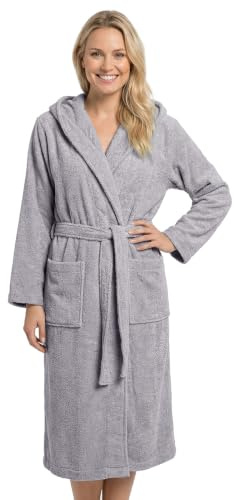LAYNENBURG Peignoir de bain pour femme en tissu éponge 100 % coton certifié Öko-Tex - Peignoir doux avec capuche, ceinture et poches plaquées - Idéal pour le sauna et la maison (S-XXXL)
