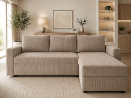 DMSM Cody Ecksofa mit Schlaffunktion, Cordstoff, 220 cm, Bettkasten, Bonellfederung (Cappuccino)
