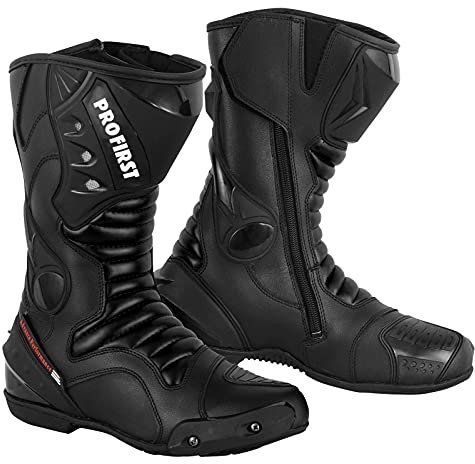 PROFIRST Split Leather Motorcycle Boots Waterproof Motorbike Shoes Armoured Boot Protection Anti Slip Racing Sports (Black, UK Footwear Size System, Adult, Men, Numeric, Medium, 9)